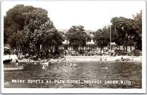 Postcard RPPC c1948 Detroit Lakes Minnesota Water Sports at Park Hotel Old Cars - Picture 1 of 2