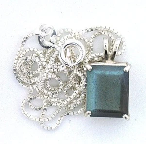 12x10 12mm x 10mm Smaragd Labradorit Edelstein Sterlingsilber Anhänger 18" Box Kette  - Bild 1 von 2