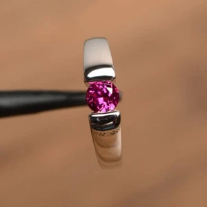 925 Sterling Silver Pink Ruby Ring Lab Created Round Gemstone Women Dainty Ring - Picture 1 of 5