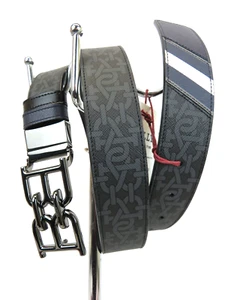 BALLY B CHAIN BUCKLE ADJUSTABLE BLACK GRAY LOGO LEATHER WEB BELT 110 44 GIFT BOX - Picture 1 of 14