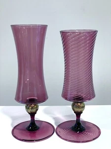 Pair of Italian Venetian Handcrafted Amethyst & Gold Glass Goblets Italy Murano - Picture 1 of 7