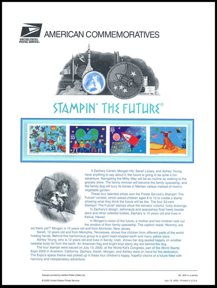 2000 Stampin' the Future children CP608 commemorative panel 609 MNH Sc 3417a - Image 1 of 1