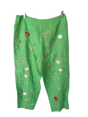 C J Laing Green Linen Floral Embroidered Pants Size 10 - Image 1 of 4