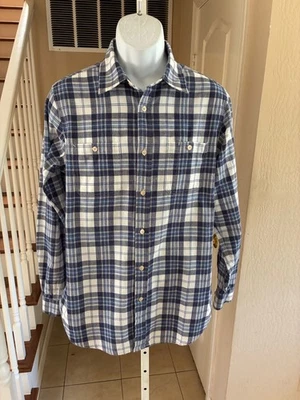 J. Peterman Brushed Cotton Shirt Blue White Plaid Button Pockets Pearl Buttons M - Image 1 of 4