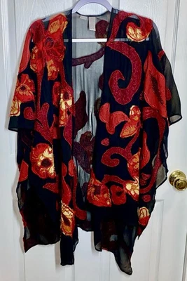 Chicos Top Drape Kimono Open Front Sheer Black Mesh Embroidered Art To Wear OSFA - Image 1 of 4