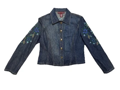 VTG Y2K Boho Hippy Denim Shirt Blue Jean Button Up Flower Power Embroidered 8 - Image 1 of 4