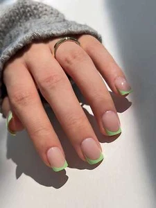 24pcs Short Square Green French Style Fake Nail False Nails Press On Nails Glue - Picture 1 of 6