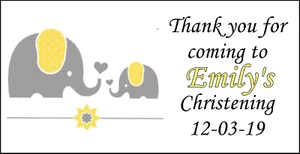 48 Personalised Christening Yellow Party Stickers Labels Party Bags Sweet Cones - Picture 1 of 3
