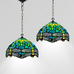 Paar 2 Tiffany Hängelampe 10 Zoll grün Libelle Stil Buntglasschirm - Bild 1 von 19