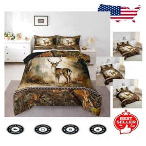 Cute Deer Comforter King Set with Jungle Leaves & 2 Pillow Cases - All Seasons - Picture 1 of 9