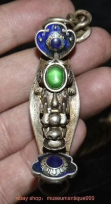 3.2" Old Chinese Silver inlay green gem Ru Yi Dragon beast jewelry hand chain - Image 1 of 4