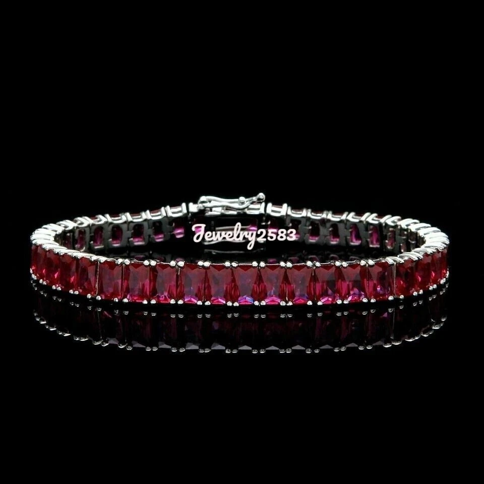 Women's 5*7 Simulated Emerald Cut Pink Ruby Tennis 7.25" Bracelets 925 Silver - Image 1 of 4