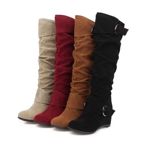 Womens Hidden Wedge Heel Round Toe Shoes Buckle Faux Suede Mid Calf Slouch Boots - Picture 1 of 41