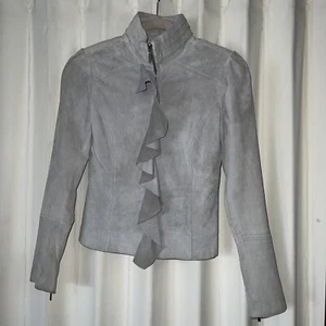 White House Black Market Light Gray Suede Leather Jacket Ruffles XXS NWT NEW - Picture 1 of 19