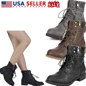 Womens Ankle Boots Round Toe Low Heel Lace Up Zipper Military Combat Boots - Picture 1 of 48