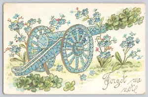Trébol de cuatro hojas de cañón de flores Forget Me Not de postal trébol vintage - Imagen 1 de 2