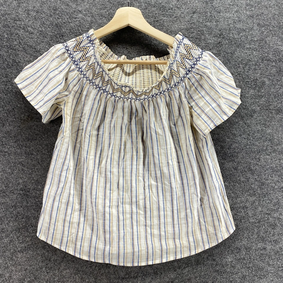 Blusa sin marca para mujer M mediana beige a rayas manga corta cuello redondo lino Foto 1 de 4