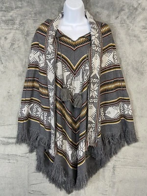 Vintage Handicrafts Sisanda Wool Aztec Poncho Fringe Scarf Detail Fish Tassels - Image 1 of 4