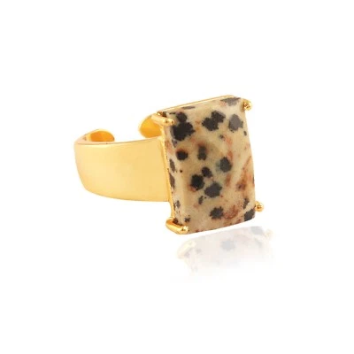 Natural Dalmatian Jasper Gold Plated Wide Band Adjustable Natural Stone Rings - Image 1 of 3