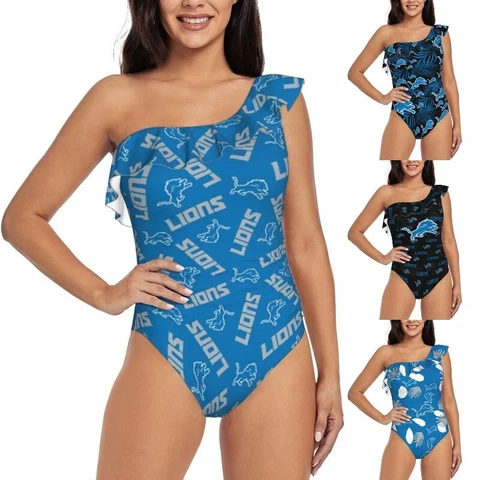 Detroit Lions One Shoulder Ruffle Swimsuits Sexy Women's Bikini Swimsuit Cover