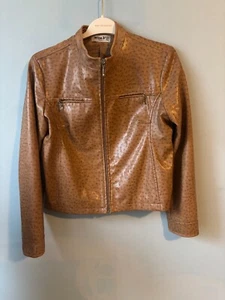 MIna.B Made in Paris Cognac zippered faux leather ostrich jacket EU 40 Size Med - Picture 1 of 18