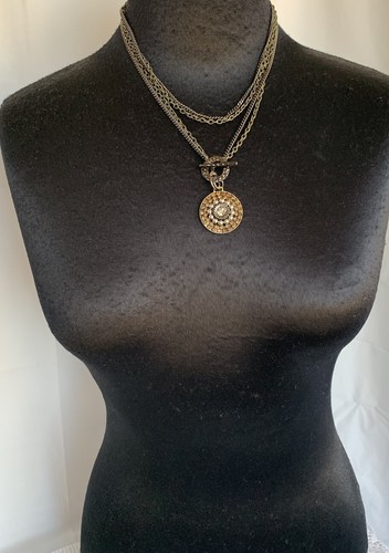 VETEMENTS Cookie Lee Necklace Long Double Gun Metal Black Chain Round Pendant Rhinestones