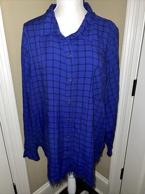 WESTBOUND Blue PLAID LONG SLEEVE BUTTON FRONT BLOUSE SZ 3X Fringe Edging - Image 1 of 4