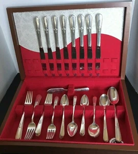 Holmes & Edwards Patrón Juvenil 50 Piezas Plato Plateado Cubiertos Caja Madera Años 40 - Imagen 1 de 11