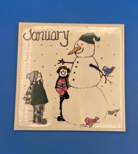 H&R JOHNSON January Calendar Tile Trivet Nancy DeYoung England Snowman - Picture 1 of 8