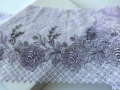 Floral Embroidered Lace Trim with Stretch Lilac Mesh Sewing/Craft/Bridal/6” Wide - Image 1 of 4
