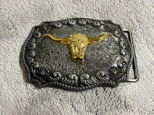 Gold Texas Longhorns auf Silber Art Deco graviert Blume Gürtelschnalle tolle Form - Bild 1 von 2