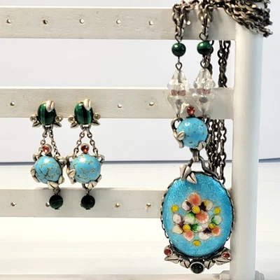 Juego de Pendientes Collar Esmalte Vintage Dulce Romance Azul Antiguo Tono Plata 18" Foto 1 de 4