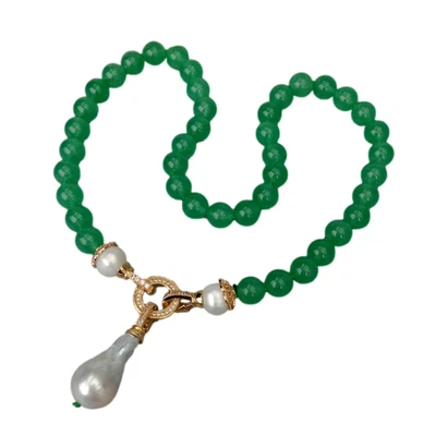 Natural Green Round Smooth Aventurine White Pearl Necklace Keshi Pearl Pendant - Image 1 of 4