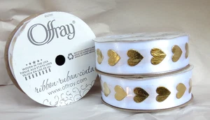 Offray Ribbon Gold Heart on White  7/8  inch Grosgrain Polyester Ribbon, 3x9' - Picture 1 of 2