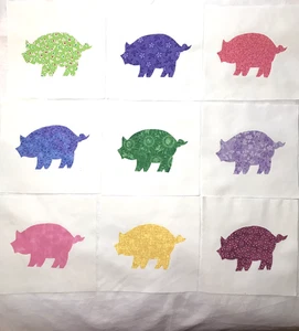 9 Quilt Top Blöcke Schweine Applikationen 6" Quadrat Baumwollstoff Bauernhaus Handwerk - Bild 1 von 4