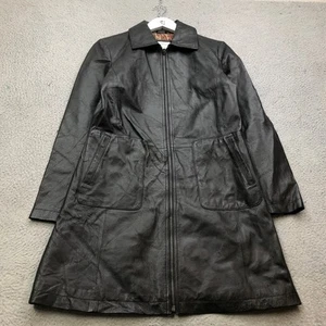 Madison & Max Paisley Lined Leather Trench Coat Jacket Women Small Pockets Black - Picture 1 of 9