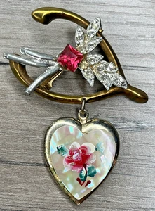 Antike MOP bemalte Rose Hänger Herz Foto Medaillon Brosche Wishbone Strass - Bild 1 von 11