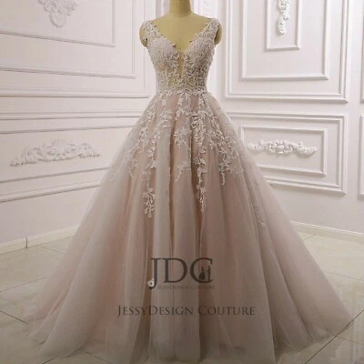 Blush Beaded Leaves Lace Wedding Dress Bridal Gown Straps Pearls Illusion Button - Image 1 of 4