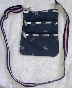 LeSportsac Crossbody Purse Blue Pink White Tennis Rackets 3 Zipper - Picture 1 of 11