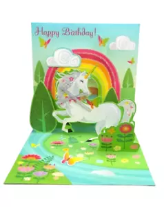 Happy Birthday Unicorn Greeting Card 3D Pop Up Rainbow Butterfly Treasures - Picture 1 of 9