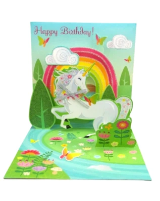 Happy Birthday Unicorn Greeting Card 3D Pop Up Rainbow Butterfly Treasures - Image 1 of 4
