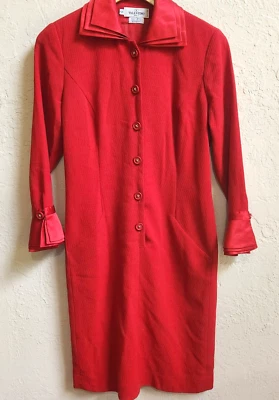 Vtg Valentino Miss V Dress Sz 6 Red Wool Triple Silk Collar Cuffs Button DAMAGE - Image 1 of 4