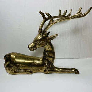 Vintage Brass Deer Buck Reindeer Laying Down Looking Back Over Shoulder 10” Long - Picture 1 of 6