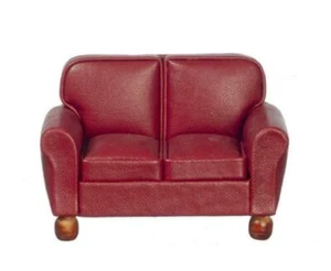 Dolls House RS Burgundy Leather 2 Seater Sofa Loveseat Living Room Furniture - Picture 1 of 8