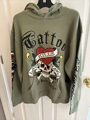 Ed Hardy Heart Skull Hoodie Tattoo Love Kills Slowly Panther Olive Green Men XL — 第 1/4 张图片