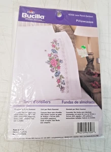 Bucilla Lace Floral Garland 65326 Pillowcases Cross Stitch Pair Stamped NOS 3781 - Picture 1 of 6