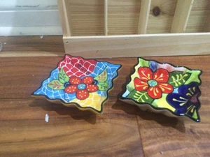 2er Set handbemalte Schüssel Made in Spain von DELRIO 4" NEU GEKRÄUSELT QUADRATISCH - Bild 1 von 6
