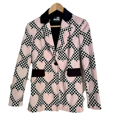 Love Moschino Pink Hearts Black White Checkered AOP Blazer Jacket Size 4 - Image 1 of 4