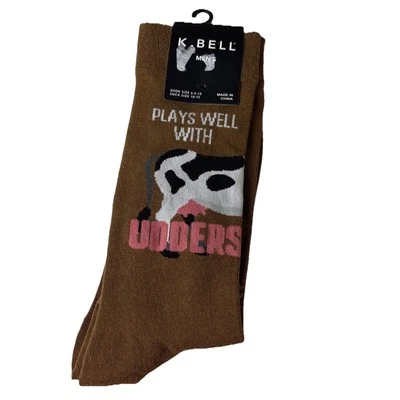 K. Bell Men's Plays Well With Udders Crew Socks 1 Pair, Brown, Men's 10-13 funny - Image 1 of 4
