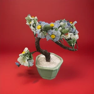 CHINESISCHER GLASBLUMEN-BONSAI-BAUM, handgefertigter MCM Keramiktopf weiß/immergrün sehr guter Zustand - Bild 1 von 11